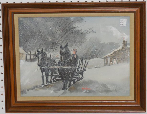 *FORD, RUTH VAN SICKLE: (1898-1980 American) Horse-drawn sleigh in winter, framed watercolor, signed bottom center, approximate image size 11 1/2" x 15 1/4", frame 15 1/2" x 19 1/2".