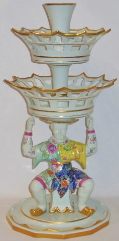 *MOTTAHEDEH PORCELAIN FIGURAL EPERGNE: Having tobacco leaf and gilt decoration, approximate height 26".