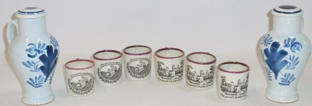 *GROUP OF PORCELAIN: 6 Mottahedeh demitasse cups and Quimper covered single-handled urns.