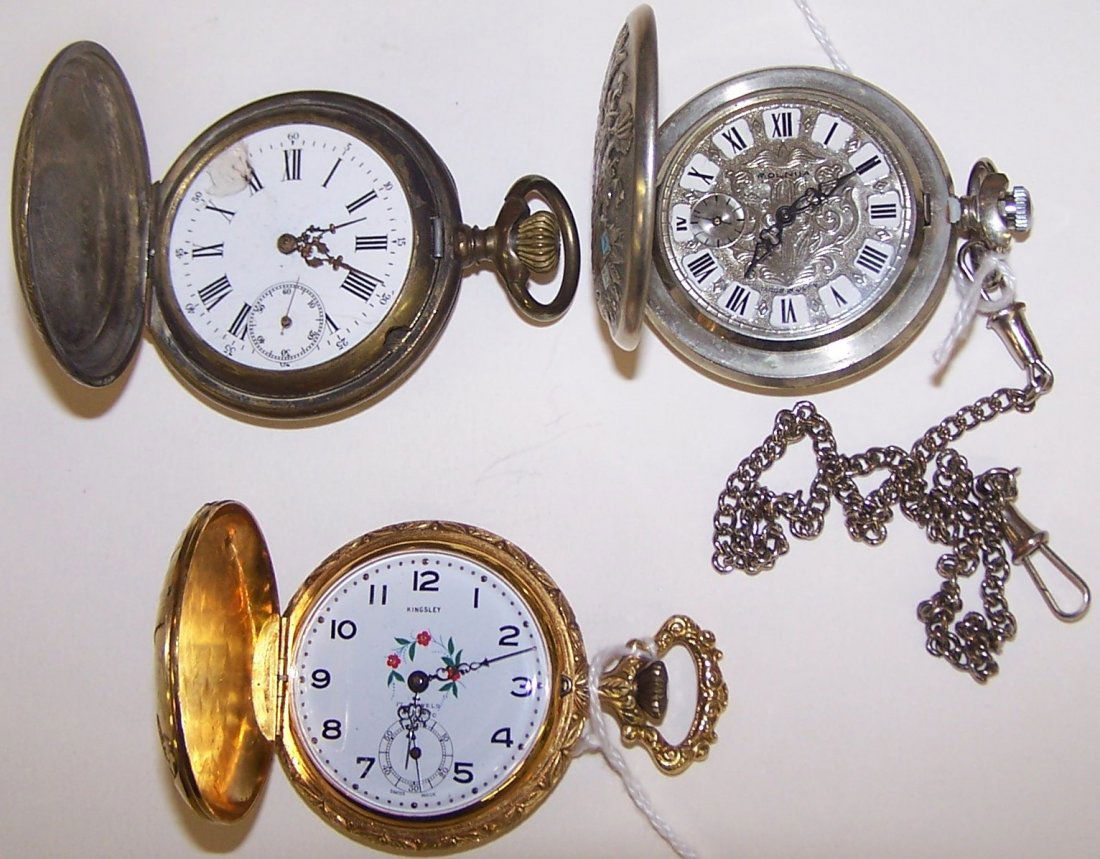 *3 POCKET WATCHES: Molnija with Roman numeral markers, in silvered case decorated with shield and St. George in relief, Kingsley with Arabic numeral markers and second subsidiary dial, in gold plated case decorated with