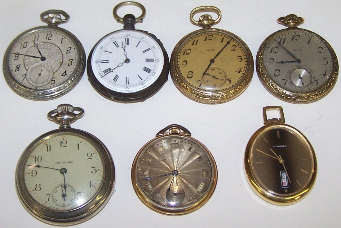 *7 OPEN FACE POCKET WATCHES: Elgin, Ingram, Longines, etc.
