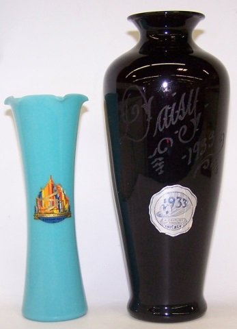 *2 CENTURY OF PROGRESS VASES: Amethyst glass vase etched "Daisy 1933" and blue milk glass vase.