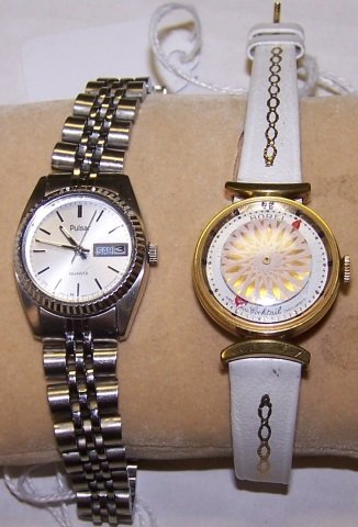 *2 LADIES' WRISTWATCHES: Pulsar contained in stainless steel case and band and Borel having 17 jeweled movement, stem wound and set, with leather wristband, including extra wristband.