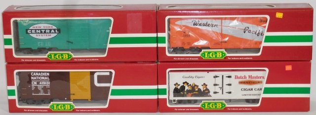 *4 LGB G SCALE BOXCARS: #40919 Western Pacific, #43745 Dutch Masters, #47913 New York Central and #41913 Canadian National, in original boxes.