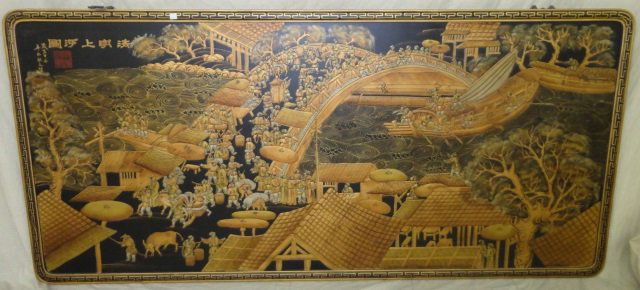 WOOD PANEL: Decorated with architecture, figures, etc., having ebony ground, approximately 36" x 78".