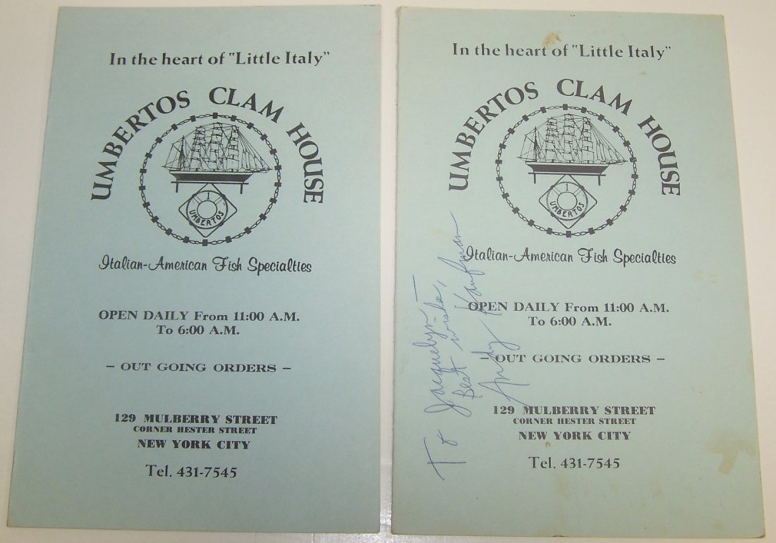 *2 SIGNED MENUS: Signed Andy Kaufman and David Brenner, Provenance- came from the manager of Umbertos in Manhattan, and the dining room captain for Mrs. Leona Helmsley, signed to his daughter Jacquelyn.