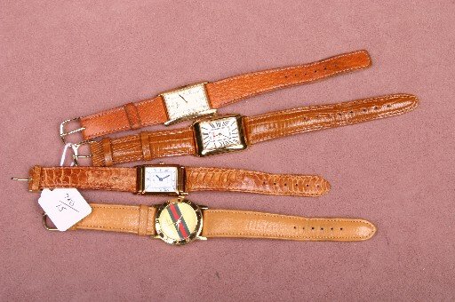 FOUR GENTLEMEN'S WRISTWATCHES| Pulsar, Gucci, Coca C: FOUR GENTLEMEN'S WRISTWATCHES| Pulsar, Gucci, Coca Cola commemorative, and Aldofo, all quartz movement, three rectangular shaped cases, one circular shaped case, all with leather straps. CONDITION: Go