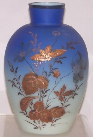 *THOMAS WEBB ART GLASS VASE: Cobalt to pale blue with satin glass finish, decorated with leaves, flora and flying moth.