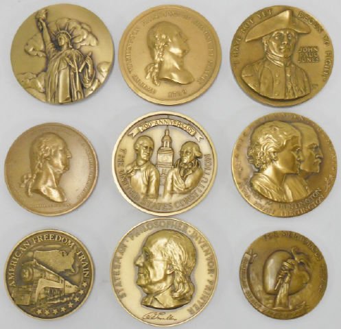 9 COMMEMORATIVE BRASS MEDALS (1 of 2)