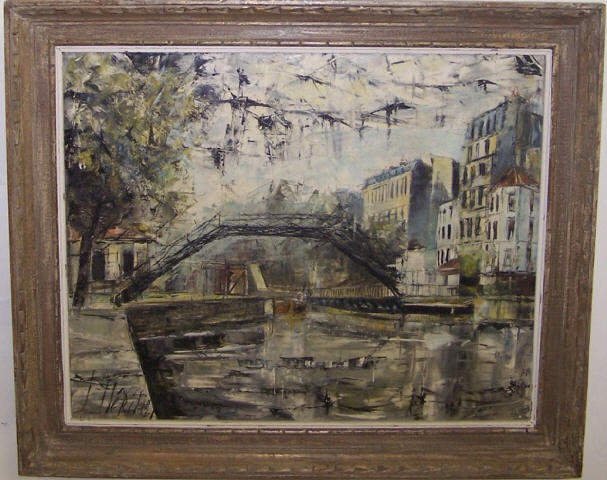 *HERITIER, MARCEL: (Born 1937 French) French canal scene, framed oil on canvas, signed lower left, approximate image size 20" x 24", frame 24" x 28".