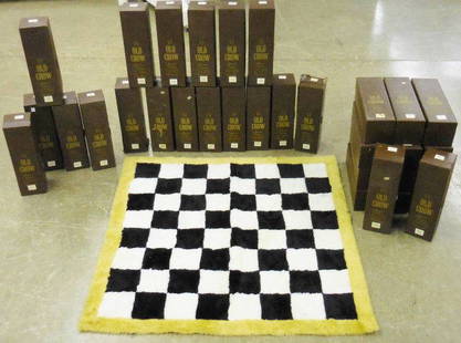 *OLD CROW FIGURAL CHESS SET: With ceramic chess pieces and "rug" chess board, in original boxes (as found).