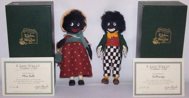 *2 R. JOHN WRIGHT GOLLIWOGG DOLLS: From the R. John Wright Collector's Club series, having pressed felt swivel heads, with sculptured and painted character facial features, both have paper labels and brass RJW buttons, approximate heig