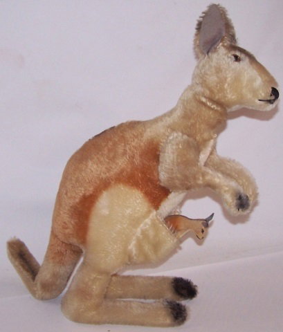 *STEIFF KANGAROO: "Kango" and a joey, with buttons in ear, approximate height to ears 17 1/2".