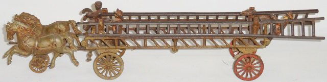 *CAST IRON 2-HORSE-DRAWN FIRE LADDER WAGON (1 of 4)
