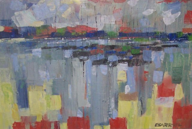*GEORGE ITALO BARREL BOTTI: (20th C. American) Abstract harbor scene, framed oil on canvas, signed lower right, approximate image size 24" x 36", frame 25" x 37".