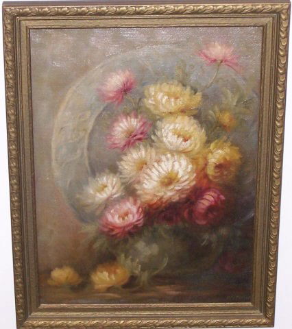REFORD, M.V.: (20th C. American) Still life with flowers and plate, framed oil on canvas mounted to masonite panel, signed lower right, approximate image size 12" x 9", frame 13 3/4" x 10 3/4".