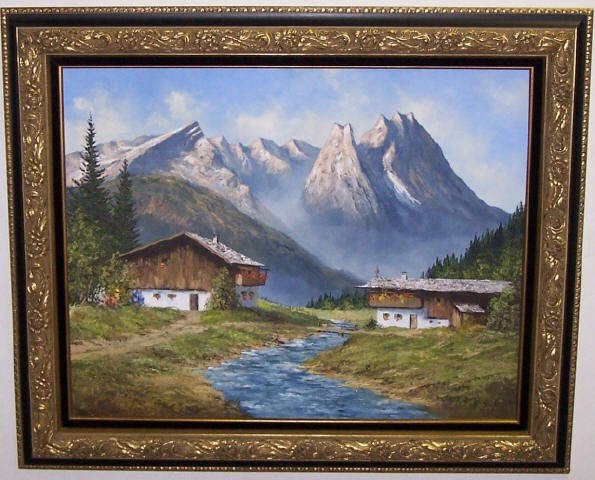 *MOSER, KURT: (1925-1984 German) Bavarian style landscape, framed oil on canvas, signed lower right, approximate image size 29" x 36", frame 38" x 46".