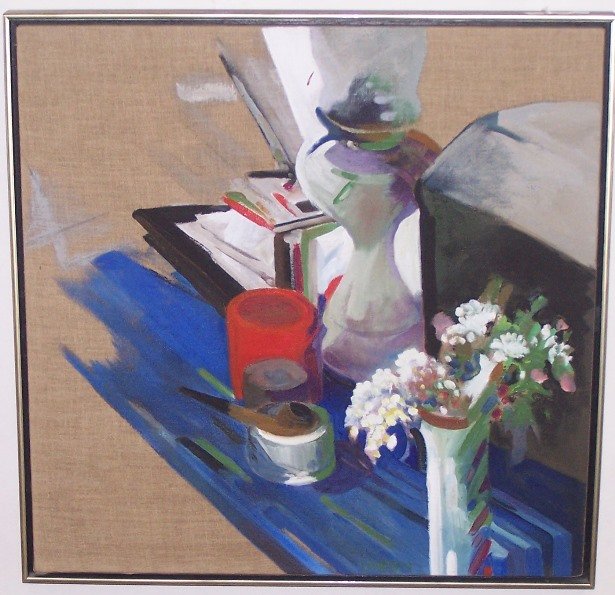 *LANYON, ELLEN: (Born 1926 American) "Summer Still Life", framed acrylic on bare linen canvas, signed bottom center, approximate image size 24" x 24", frame 25" x 25".