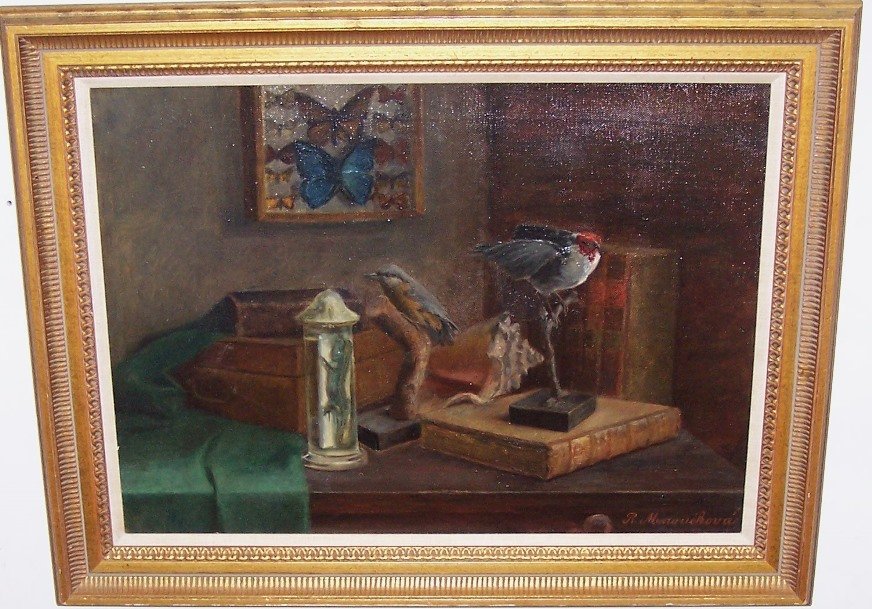 *MENOUSKOVA, R.: (Early 20th C. Czechoslovakian) Still life with taxidermy on table, framed oil on canvas, signed lower right, approximate image size 18 1/2" x 24 3/4", frame 24" x 31".