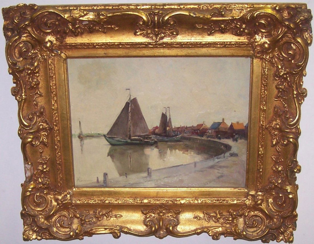 *R. OR H. HERMANNS: (Late 19th/early 20th C. Dutch School) Impressionist harbor scene with boats, framed oil on board, signed indistinctly lower left, approximate image size 13 1/2" x 17", frame 23 1/2" x 27".