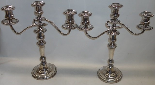 PAIR OF STERLING SILVER CANDELABRA: Fitted with 3 branches, marked on underside "Sterling by Ellmore #2328", having weighted bases.