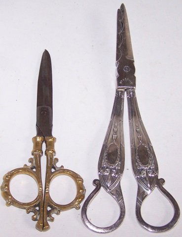 *2 PAIR OF GRAPE SCISSORS: 1 marked "Mappin & Webb, England", the other having gilt handle marked "Germany", approximate length of longest 6 1/2".
