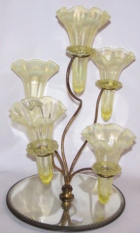 *EPERGNE: Having 5 vaseline glass vases and mirrored base.