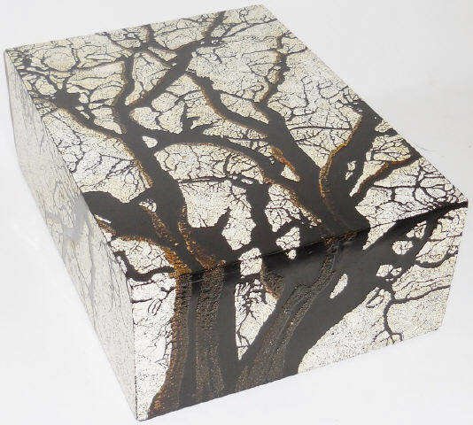 *EGG SHELL MOSAIC LACQUERED BOX: Decorated with image of tree, approximate height 6", width 16", depth 12".