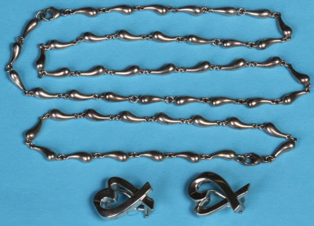 *GROUP OF TIFFANY & CO. STERLING SILVER JEWELRY: Necklace with matching bracelet and pair of Paloma Picasso earrings, signed "Paloma Picasso, Tiffany & Co. .925", approximate total weight 27.7 dwt.