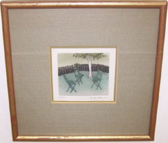 *ANTONINI, ANNAPIA: (Born 1942 Swiss) Chairs in yard, framed colored aquatint etching, signed in pencil lower margin, biography of artist on verso, numbered from edition of 125 lower left, approximate plate size 2 3/4" x