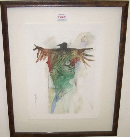 *BARTOW, RICK: (Born 1946 American) Native American tribal ritual, framed pencil and watercolor, signed lower left, approximate total paper size 14 3/4" x 11", frame 21 1/2" x 17 1/2".