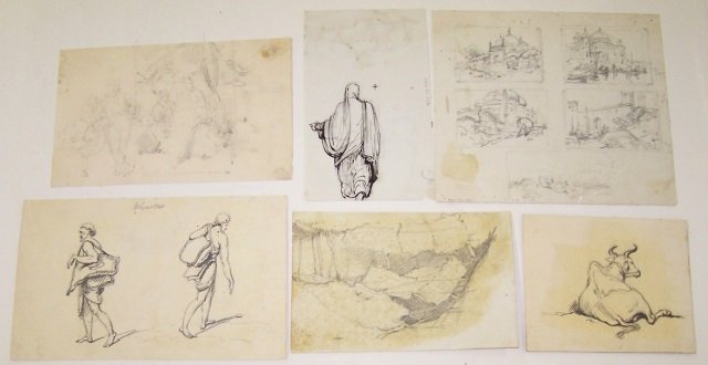 *CHINNERY, GEORGE: (1774-1852 English) 10 unbound pencil and ink sketches depicting figures and scenes of India, some double-sided, 1 dated 1815, all unsigned, approximate size of smallest 2 3/4" x 3 3/4", largest 6 1/2