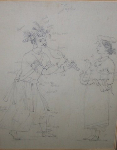 *DANIELL, THOMAS: (1749-1840 English) "Jugglers", framed pencil sketch from larger sketchbook, unsigned. bears indistinct gallery label with artist name and description on verso, approximate image size by sight 7 1/2" 