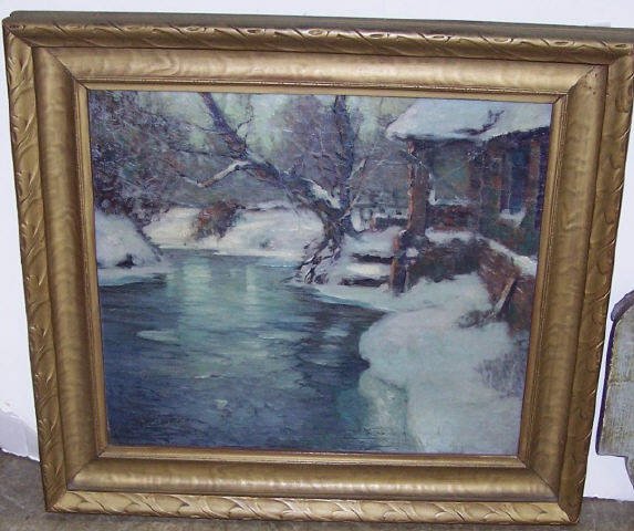 ALDRICH, GEORGE AMES: (1872-1941 American) Impressionist winter landscape, framed oil on canvas, signed and dated 1917 lower left, approximate image size 16" x 18", frame 21" x 23".