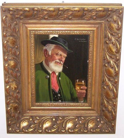 *MULLER, FRITZ: (Born 1897 German) Portrait of man with glass of wine, framed oil on masonite board, signed upper right, approximate image size 9" x 6 3/4", frame 16" x 13 1/2".