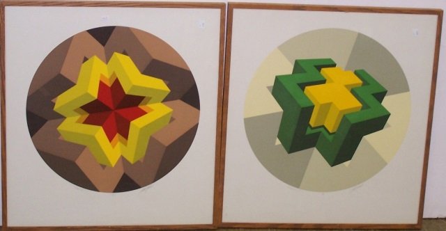 *SPALATIN, MARKO: (Born 1945 Yugoslavian/American) 2 framed serigraphs, "Palancar III" and " Xeant I", geometric abstract forms, both signed in pencil lower right, approximate image size of each by sight 27 1/2" x 25 1