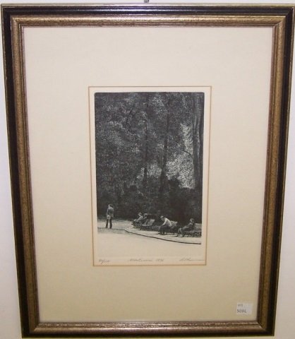 *ALTMAN, HAROLD: (Born 1925 American) "Montsouris", framed etching, signed in pencil lower right, numbered from edition of 155 impressions lower left, approximate image size 8 1/4" x 4 7/8", frame 17" x 13".