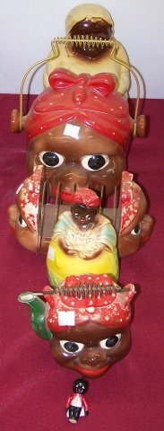 *6 PIECES OF BLACK AMERICAN MEMORABILIA: Letter rack, cookie jars, wall mount plaque, etc.