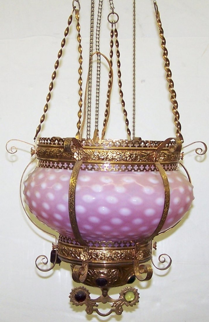 *VICTORIAN HANGING LIGHT FIXTURE: Having pink hobnail art glass shade and brass frame.