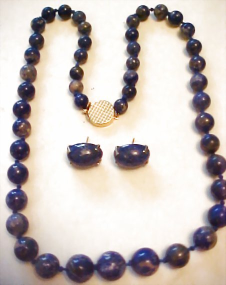 Sodalite 14k Beads and earrings: Medium royal blue in color, hand knotted on blue cotton thread, graduate from 7 to 12 mm, measures 22-1/4 inch including 14k yellow gold clasp.