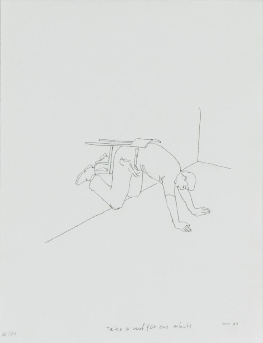 ERWIN WURM (1954 BRUCK AN DER MUR) TAKE A REST FOR ONE: ERWIN WURM (1954 BRUCK AN DER MUR) TAKE A REST FOR ONE MINUTE, 2001 Bleistift auf Büttenpapier, 33 x 25 cm Signatur vorne rechts unten: WU 01 Bezeichnung vorne unten: VII/XX, Titel ungerahmt Privatbe
