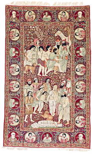 Kirman pictorial rug: Kirman Lawer pictorial rug Persia, ca. 1880 230 x 139 cm (7ft. 7in. X 4ft. 7in.) Condition: good, sides partly slightly damaged, few signs of use, few stains cotton warp, cotton weft, wool pile Proven