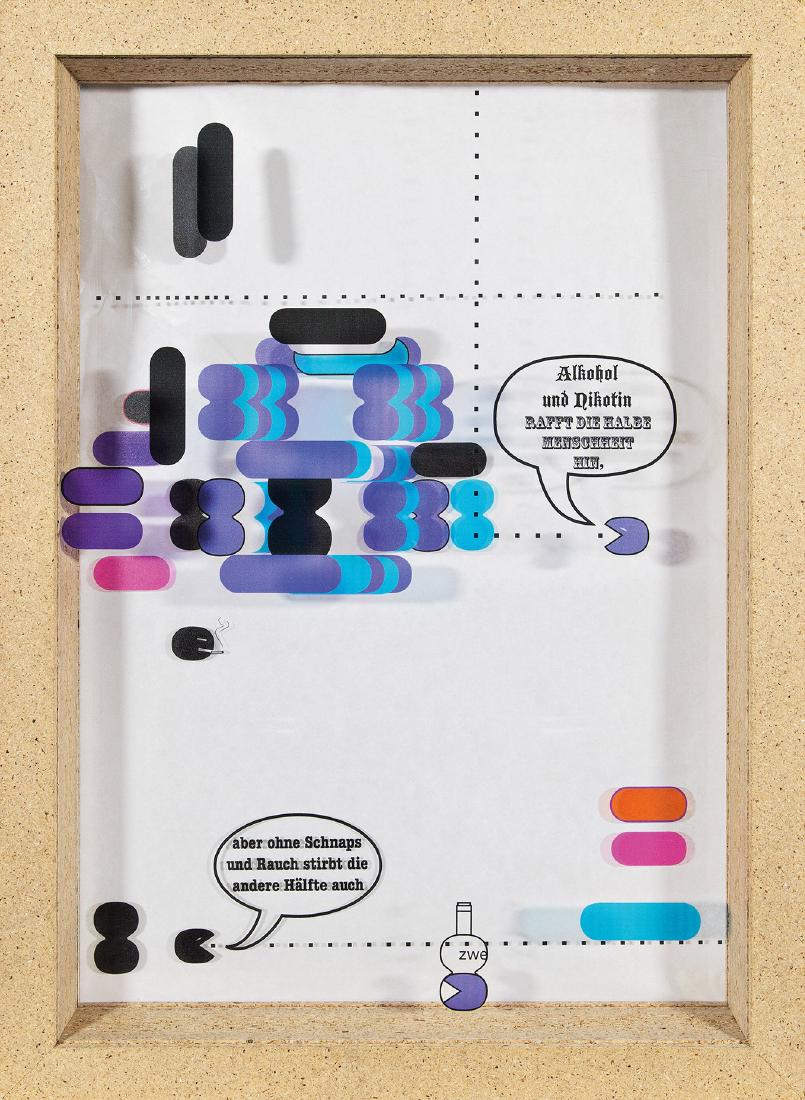 TOBIAS REHBERGER - (1966 ESSLINGEN AM NECKAR) - ALKOHOL: TOBIAS REHBERGER (1966 ESSLINGEN AM NECKAR) ALKOHOL UND NIKOTIN, 2009 Multiple, 70 x 50 cm Pressspan, Plexiglas Bezeichnung: 4/12, 12/09 Monogrammiert Rückseite links oben Rahmen: TR 09 Zustand: