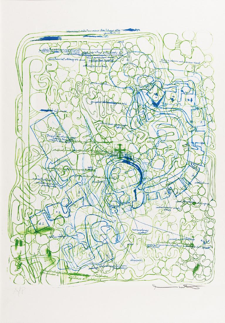 HERMANN NITSCH - (1938 WIEN) - o. T., 1980: HERMANN NITSCH (1938 WIEN) o. T., 1980 Originalfarblithografie, 69 x 49 cm gerahmt, Maß mit Rahmen: 102 x 73 cm Signatur vorne rechts unten: Hermann Nitsch Bezeichnung vorne links unten: AP Zust