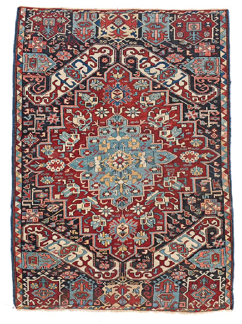 Seychour: 5 ft. 4 in. x 3 ft. 11 in. Caucasus, second half 19th century Condition: good, brown corroded, pile partly low,ends restored, few small repairs and reweavings Warp: wool, weft: wool, pile: wool Proven