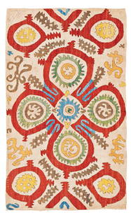 Kaitag Embroidery: 3 ft. 5 in. x 2 ft. Caucasus, 18th century Condition: very good, slightly stained, minor signs of use Silk on wool Provenance: Theo Häberli private collection