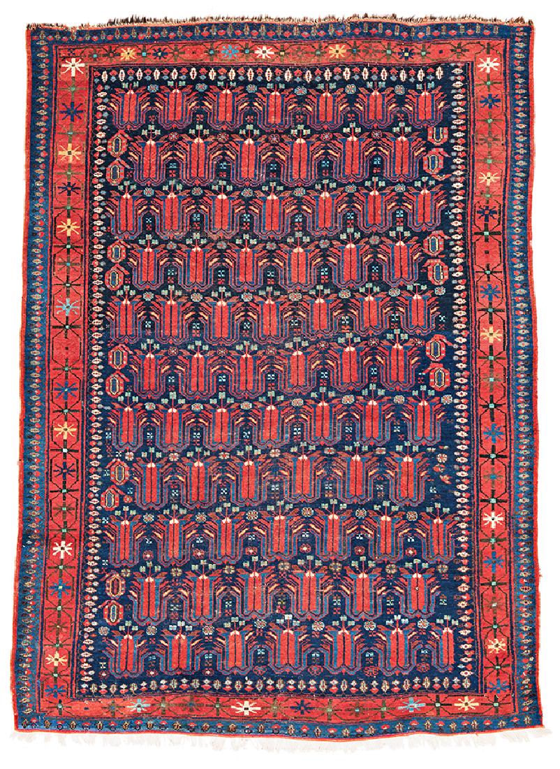 Afshar: 6 ft. 9 in. x 4 ft. 10 in. Persia, ca. 1900 Condition: good, pile partly low, few damages and losses at upper end, bottom end restored Warp: wool, weft: wool, pile: wool Provenance: German private col