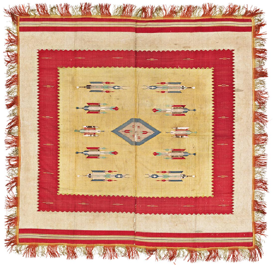 Aleppo silk kilim: 4 ft. 7 in. x 4 ft. 5 in. Syria, ca. 1920 Condition: good, slightly stained, brown corroded, losses in the center Warp: silk, weft: silk and metal threads Provenance: German private collection