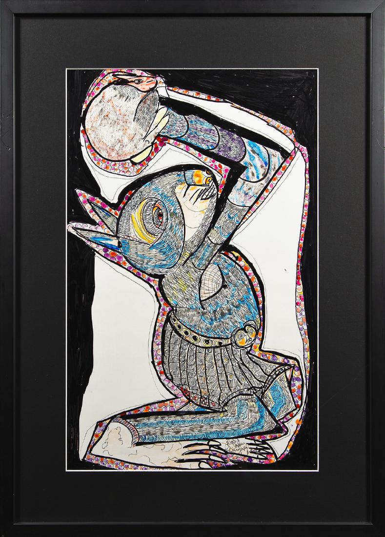 PRINCE TWINS SEVEN-SEVEN - (1944 OGIDI, NIGERIA - 2011: PRINCE TWINS SEVEN-SEVEN (1944 OGIDI, NIGERIA - 2011 IBADAN, NIGERIA) RABBIT DREAM, 2008 Mischtechnik auf Papier, 54,5 x 34,5 cm, Passepartout gerahmt, Maß mit Rahmen: 72,5 x 52,5 cm Signatur vo