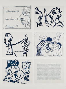 OTTO MUEHL - (1925 GRODNAU - 2013 MONCARAPACHO) - MEIN: OTTO MUEHL (1925 GRODNAU - 2013 MONCARAPACHO) MEIN VINCENT, 1984 Brief Theos an Monet und fünf Siebdrucke, je 30 x 35 cm, gerahmt, Maß mit Rahmen: 105 x 79 cm Signatur vorne rechts unten au